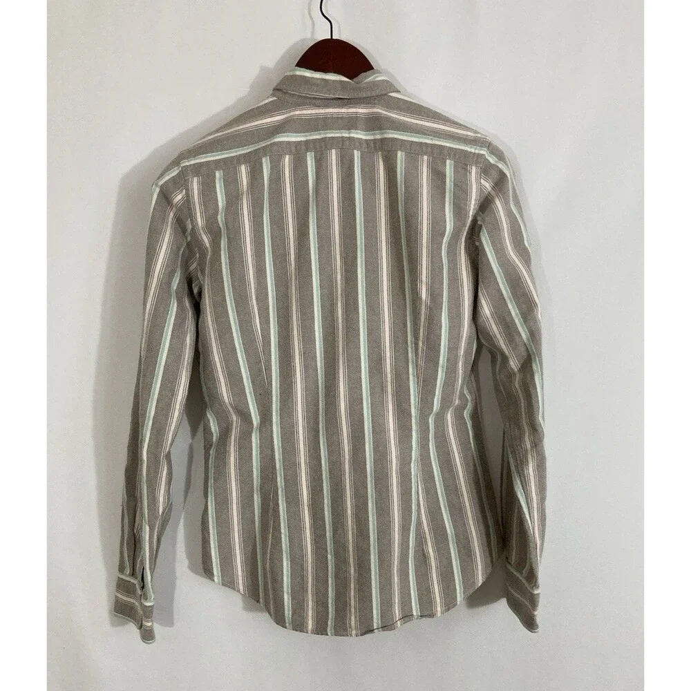 Ralph Lauren Boys 10 Slim Oxford Shirt Brown Stripe Pony Logo Button Up Cotton